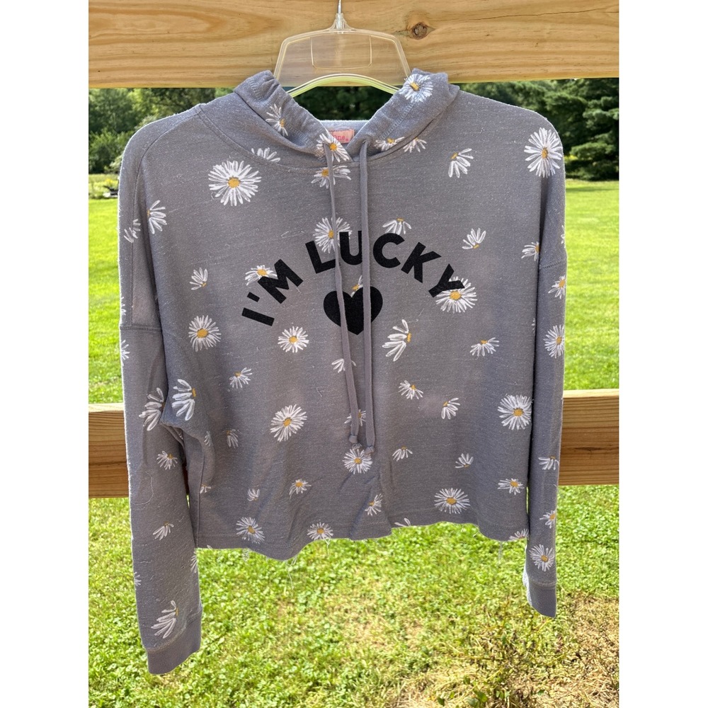 Rebellious One Women Gray Daisy I'M LUCKY Cropped Hoodie Large 14842FX0014